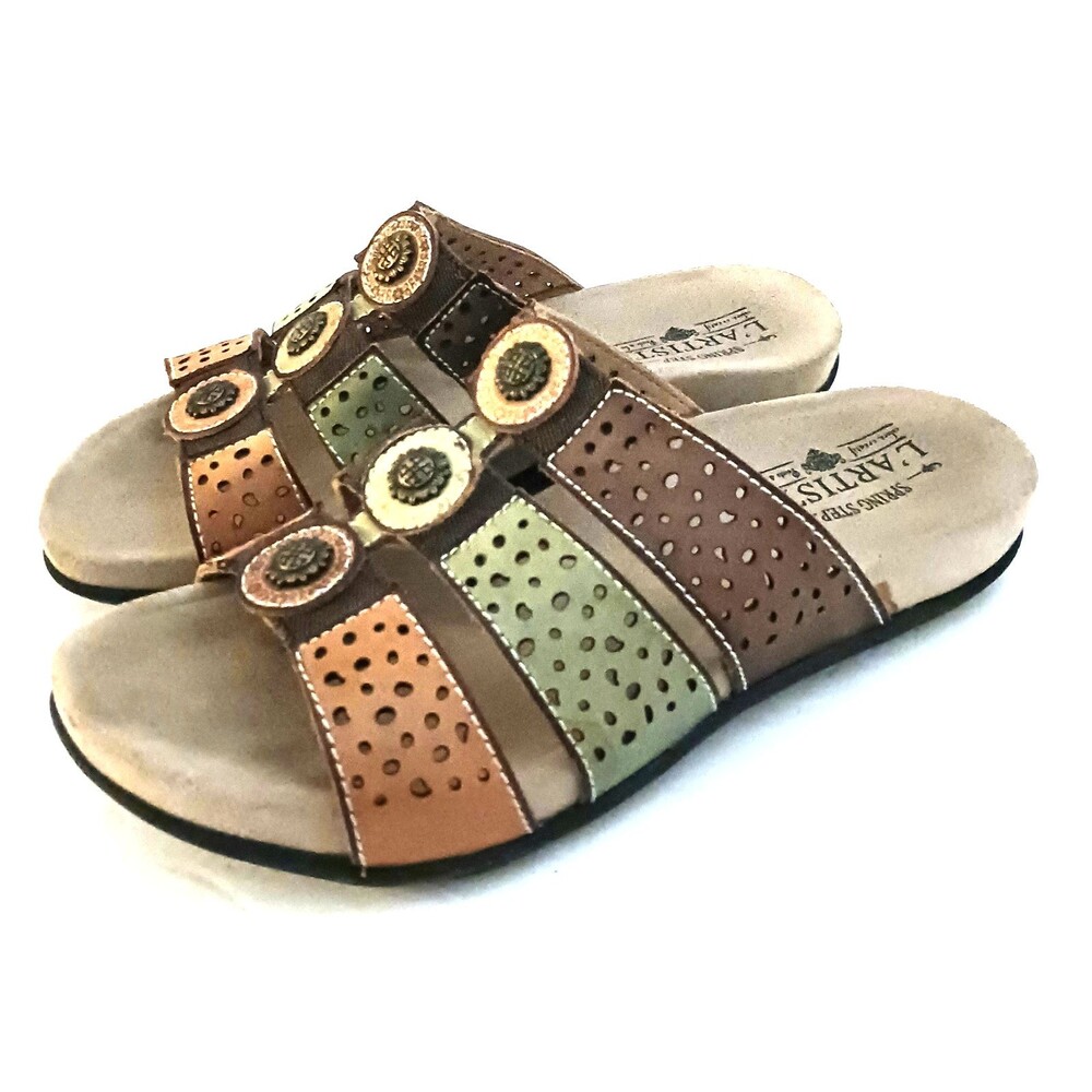 L'Artiste Spring Step Glennie Slide Sandal 3 Straps Medallion Trim EU 37 US 6.5